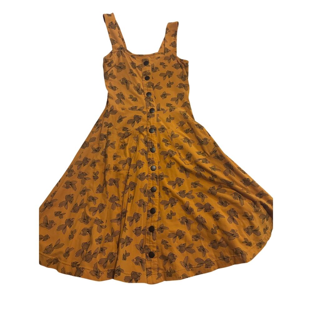 Effie’s Heart Goldfish Print Fit & Flare Dress Size Medium Mustard Retro Midi - Picture 2 of 6